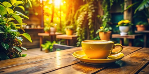 Obraz premium Cozy wooden table, warm light, vintage yellow coffee cup, and lush greenery create a cafe scene.