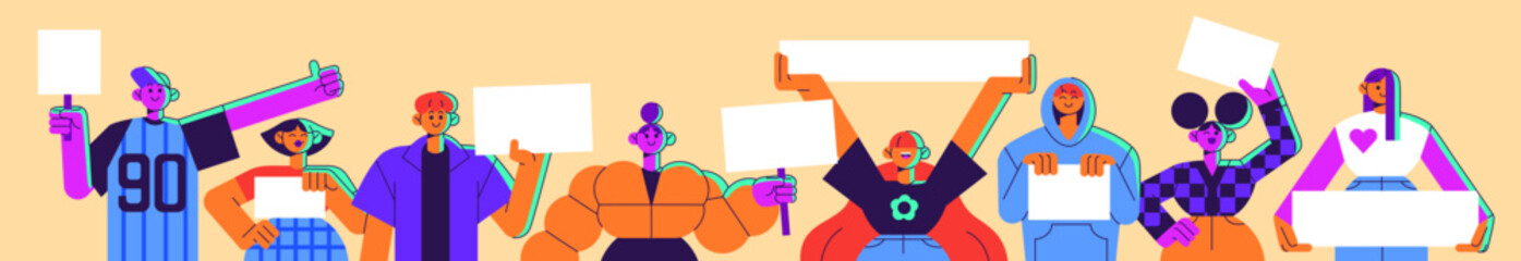 Banner with group of diverse people holding blank posters. Happy crowd with ad boards on presentation, showing promotion cards with empty background and place for text. Flat vector illustration