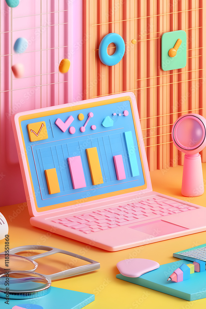 Poster a colorful workspace featuring a laptop with charts and graphs, emphasizing creativity and productiv