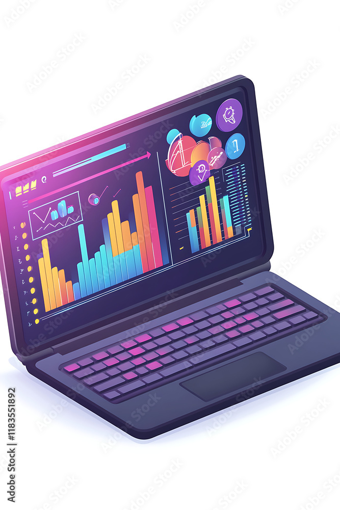 Poster a digital laptop displaying colorful data visualizations and analytics.