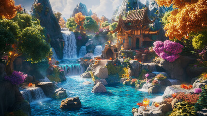  Dreamlike fantasy landscape with cascading rivers in a magical setting 