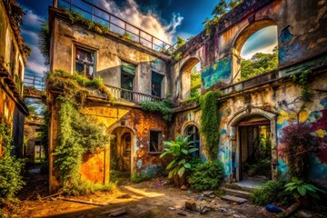 Fototapeta premium Dark, decaying Cabeza de Bolo: urban exploration reveals lost industrial spaces, graffiti-covered, shadowy.