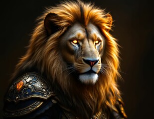 Fototapeta premium Majestic Lion in Golden Armor: A Dramatic Fantasy Portrait