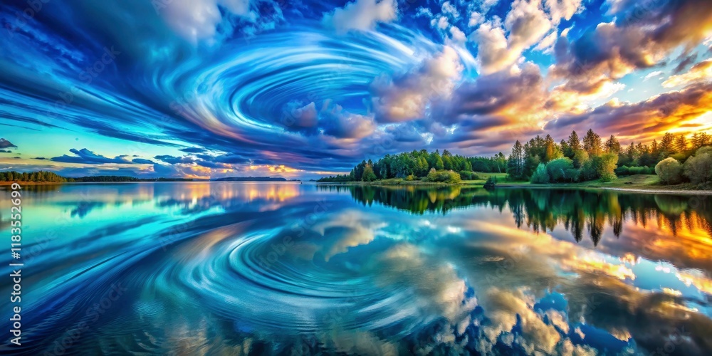 Poster digital art depicts a mystic teal water reflection; swirling patterns create a serene abstract backg