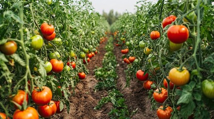 Ripe tomatoes growing in rows on a farm field. Use Agriculture/food industry.