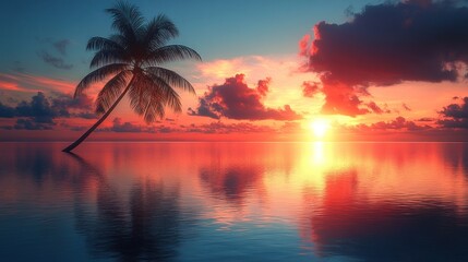 Vibrant sunset over calm ocean with single palm tree silhouette.