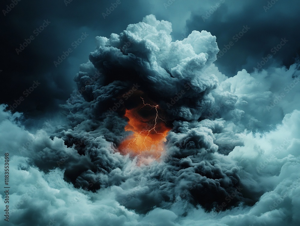 Poster powerful and turbulent thunderstorm with electric currents forking through dark roiling cumulonimbus