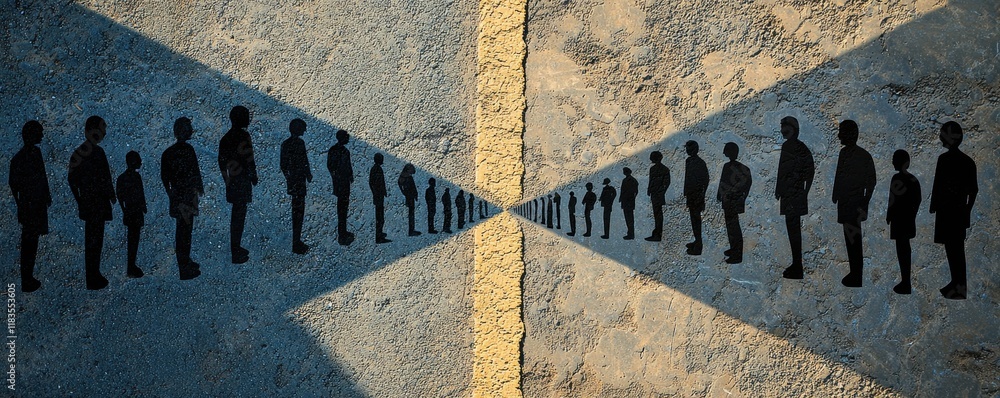 Poster shadows of silhouetted figures line a path, creating a striking visual perspective that suggests dep