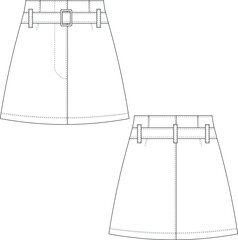  tailored darted belted zippered mini short denim jean a line skirt template technical drawing flat sketch cad mockup fashion woman design style model 
