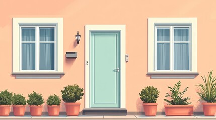 Plain vector illustration of a house in modern flat style, showing one door and two symmetrical windows.