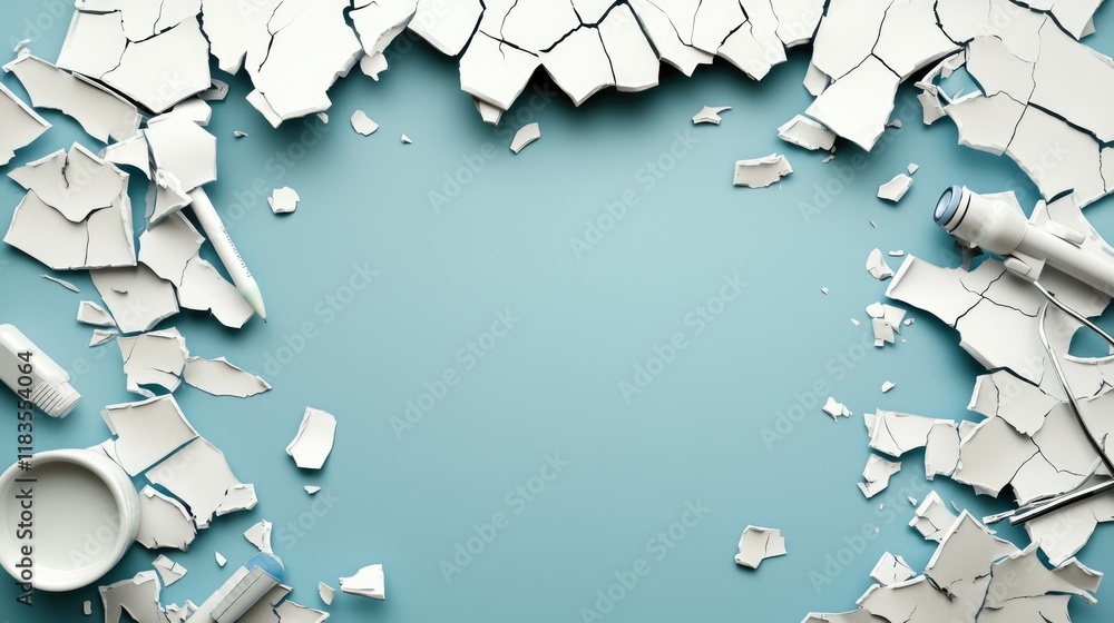Poster a broken white surface with scattered shards creates a textured border around a light blue backgroun