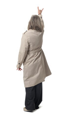 back view of a woman showing the horns sign with fingers on white background