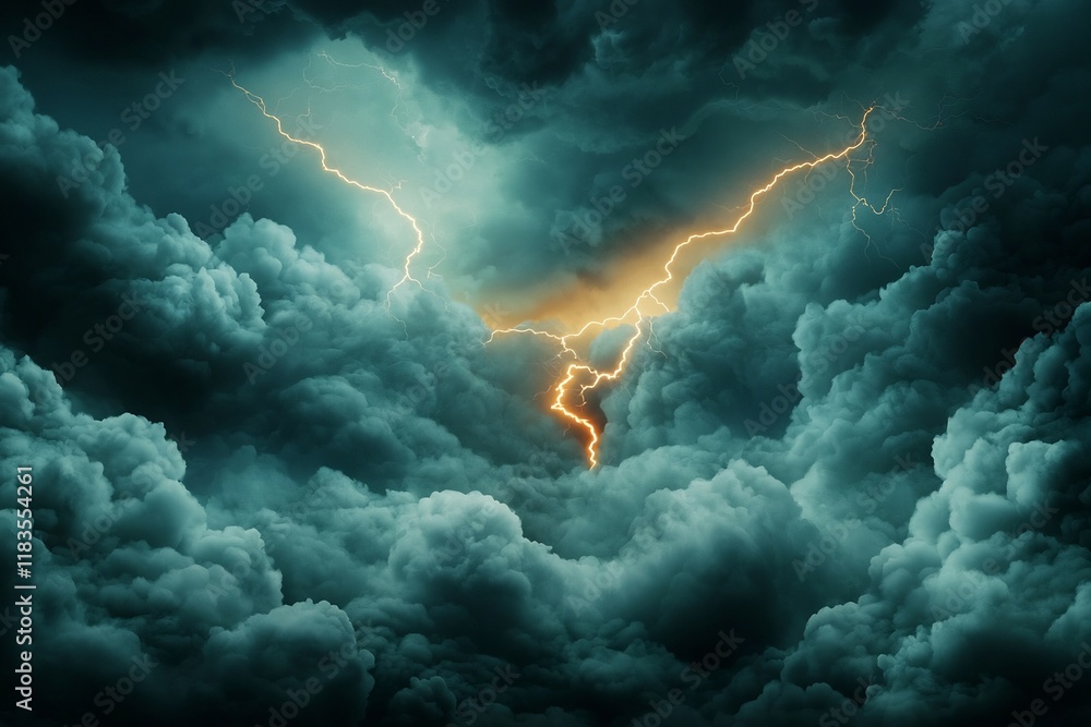 Aufkleber towering jagged electric arcs of lightning rending the stormy turbulent sky photographed with a high