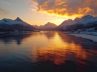 Scenic Sunset Over Snowy Mountains and Bridge