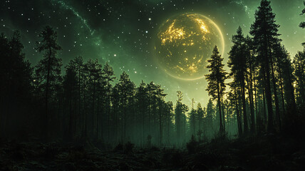 Fototapeta premium Majestic cosmic forest with bioluminescent glow illuminating distant planets 