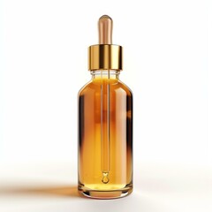 Amber glass dropper bottle with pipette filled with essential oil, isolated on white background