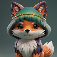 Obraz premium 3D foxes and wolves with gradient-colored fur on a plain dark green background, ultra-detailed.