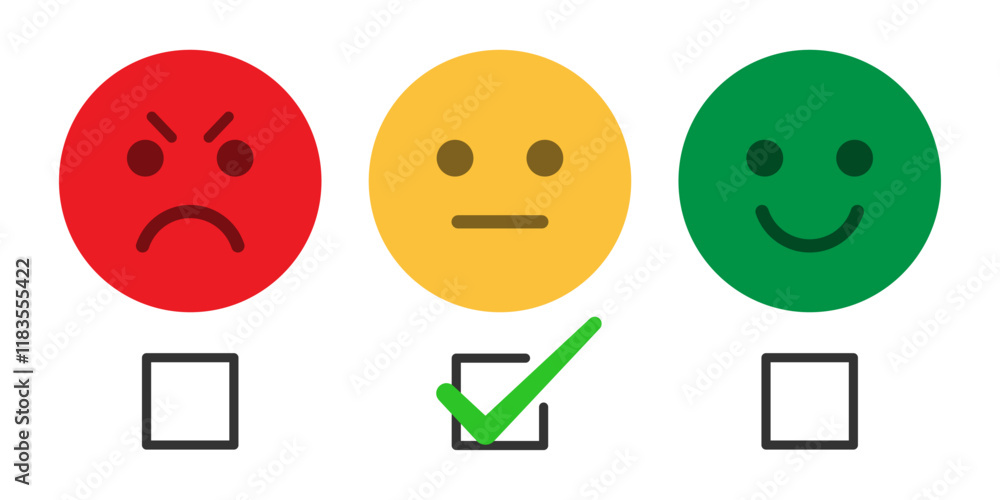Wall mural feedback and customer rating emoji set with angry, normal and happy face with checkmark. rating emoj