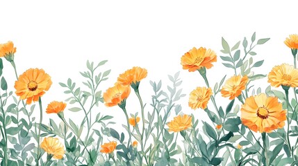 Vibrant Watercolor Illustration of Yellow Flowers with Green Leaves on a White Background, Perfect for Print or Digital Design Projects Featuring Natural Beauty