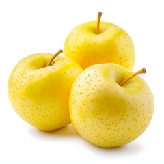 Three ripe yellow apples forming a triangle on white background