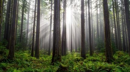 A misty forest scene with tall trees and sun rays filtering through, creating a serene and tranquil atmosphere.