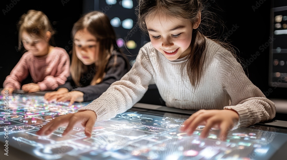 Poster three children interact with a touch-sensitive screen, exploring colorful graphics and engaging with