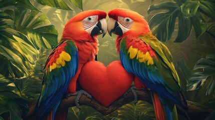 Two colorful parrots face each other, forming a heart shape with their bodies, surrounded by lush green foliage in a vibrant jungle setting.