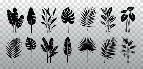 Tropical leaf silhouettes collection, vector element set