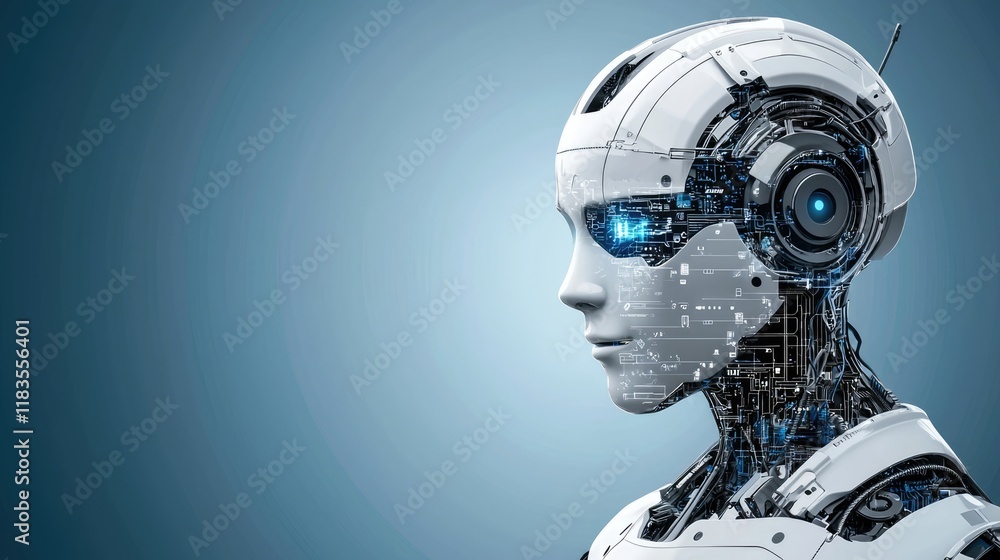 Poster a futuristic robot with glowing blue eyes and intricate circuitry, showcasing advanced technology an