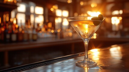 Golden hour martini on bar.