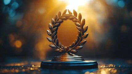 Golden laurel wreath award on dark background.