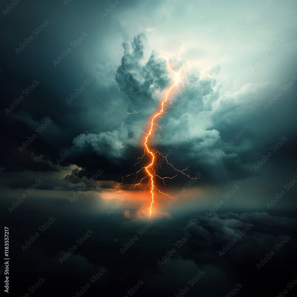 Poster captivating electrical energy with dazzling jagged lightning bolts slicing through a foreboding stor