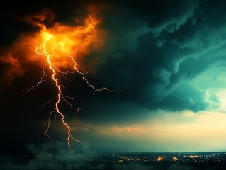 Fototapeta premium Mesmerizing Electrical Disturbance Jagged and Ethereal Lightning Bolts Piercing Through Ominous Turbulent Cloud Formations Captivating Natural Spectacle with Intense Electrifying Energy in a Brooding
