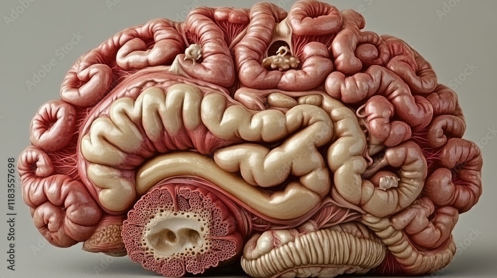 Poster detailed anatomical model of the human brain with intricate intestine-like structures