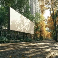 Fototapeta premium Modern billboard mockup on tree-lined urban street with space for text