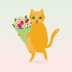 Greeting card for Valentine's Day. Vector illustration with a ginger cat holding a bouquet of flowers.
