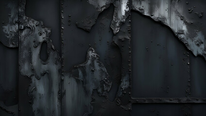 A dark abstract composition featuring a layered black metal surface, textured with rough patterns and intricate details, evoking a sense of depth and industrial elegance.