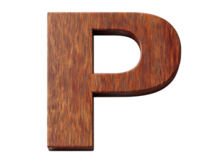 Rustic wooden letter p on white background, a detailed closeup 