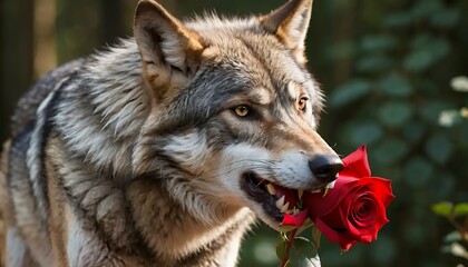 Fototapeta premium Majestic Wolf with a Red Rose: A Symbol of Untamed Beauty and Unexpected Romance. A Close-up Portrait of a Grey Wolf Gently Holding a Single, Vibrant Red Rose in its Mouth. The image is set in a lus