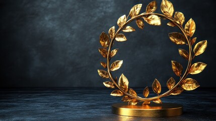 Golden laurel wreath on dark background.