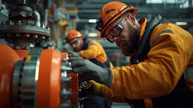 Offshore crew members in safety gear working hard to perform scheduled maintenance on a subsea wellhead surrounded by intricate machinery pipework and a complex industrial setting