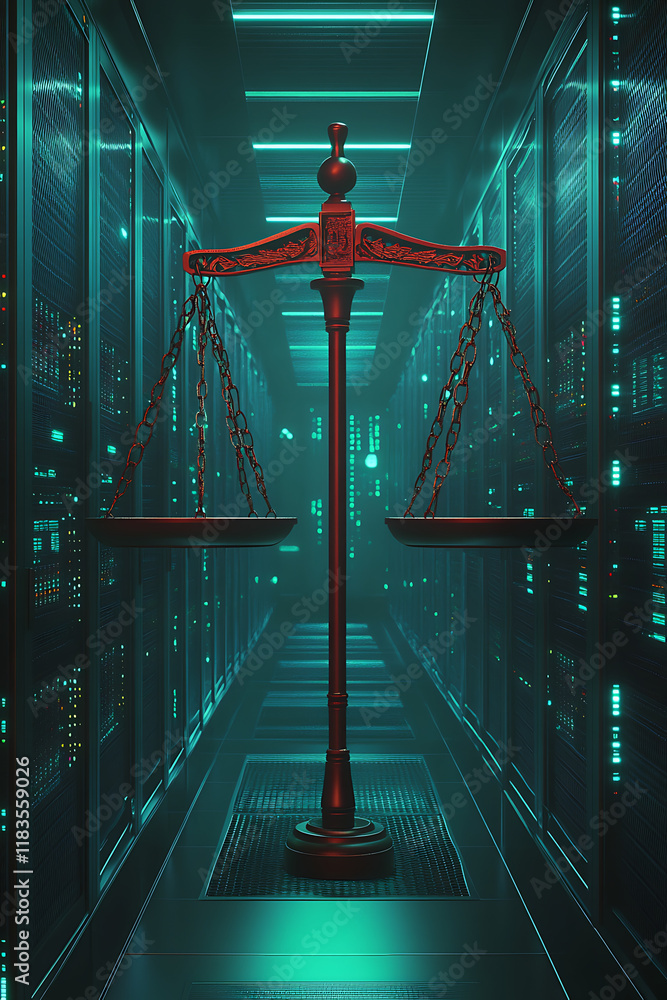 Poster a digital representation of justice with a scale in a futuristic server room.