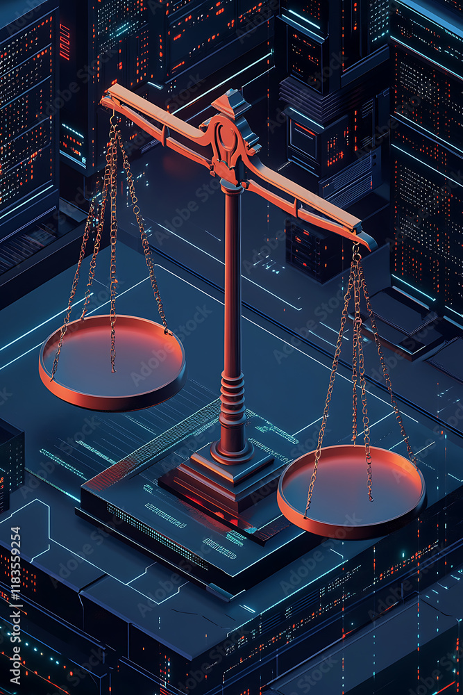Poster a digital representation of balanced scales symbolizing justice in a tech-inspired environment.