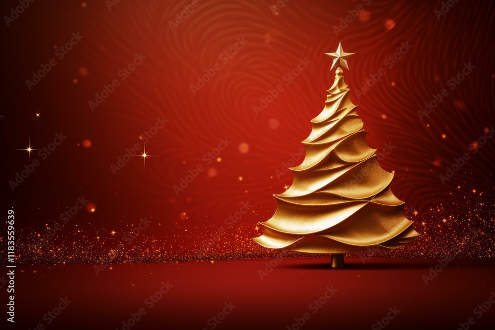 Poster stylized golden christmas tree standing on a red background with glittering particles and bokeh effe