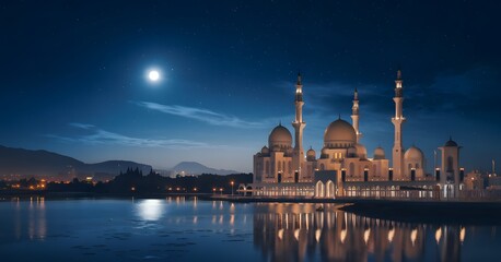Obraz premium Majestic Mosque at Night with Reflections in Calm Water, Clear Sky and Mountains, Ramadan Kareem, 3D Illustration.