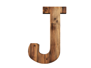 Rustic wooden letter j on a black background, striking contrast in texture and tone