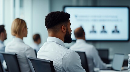 Strategic planning drives vision and boosts productivity. A focused group of professionals in a modern office setting attending a presentation, with a screen displaying content in the background.