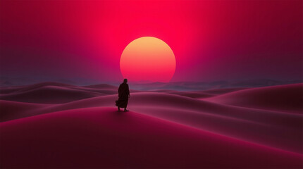 Fototapeta premium Surreal desert sunset landscape, volumetric lighting, soft velvet-like sand dunes, golden and reddish hues, detailed silky sand texture, tranquil and mysterious atmosphere