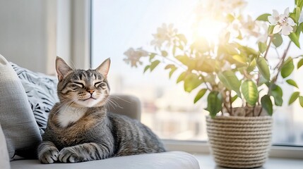 Cat safety: PM 2.5 dust prevention is essential. A relaxed cat lounges by a sunny window, accompanied by a lush potted plant, creating a cozy and inviting atmosphere.