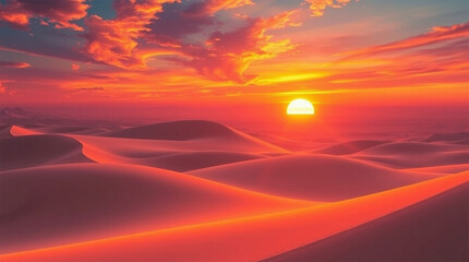 Surreal desert sunset landscape, volumetric lighting, soft velvet-like sand dunes, golden and reddish hues, detailed silky sand texture, tranquil and mysterious atmosphere